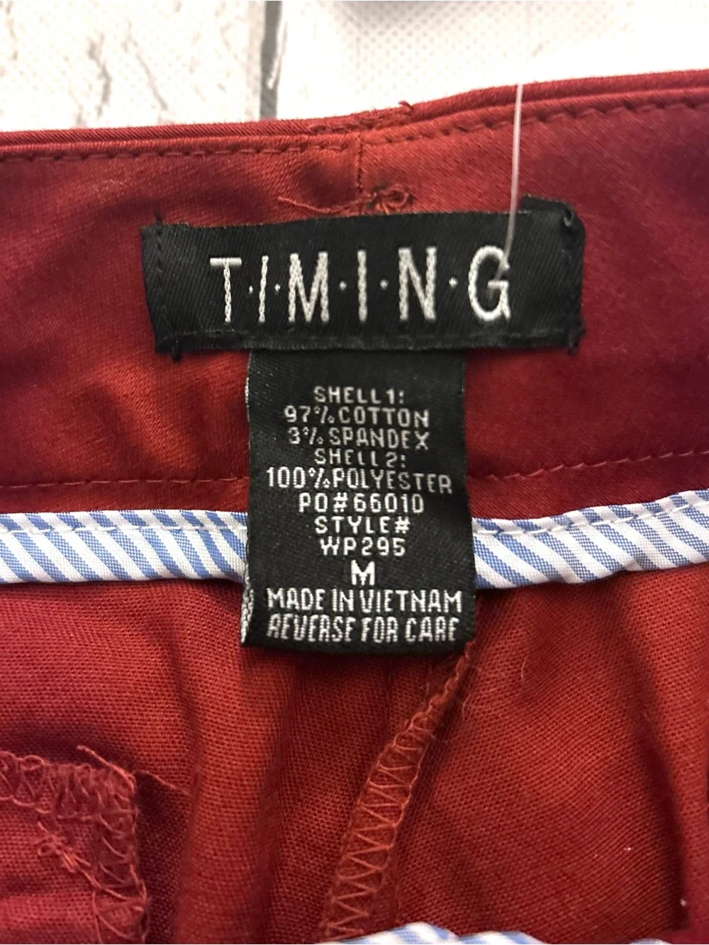 Timing Women's Burgundy Chinos with Leather Belt Sz M (6 -8) 98% cotton.